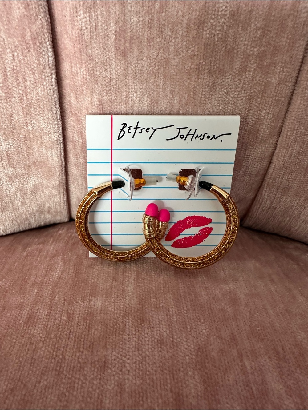 NWT Betsey Johnson Back to School Pencil
Hoop Earrings Gold Glitter, Teacher
